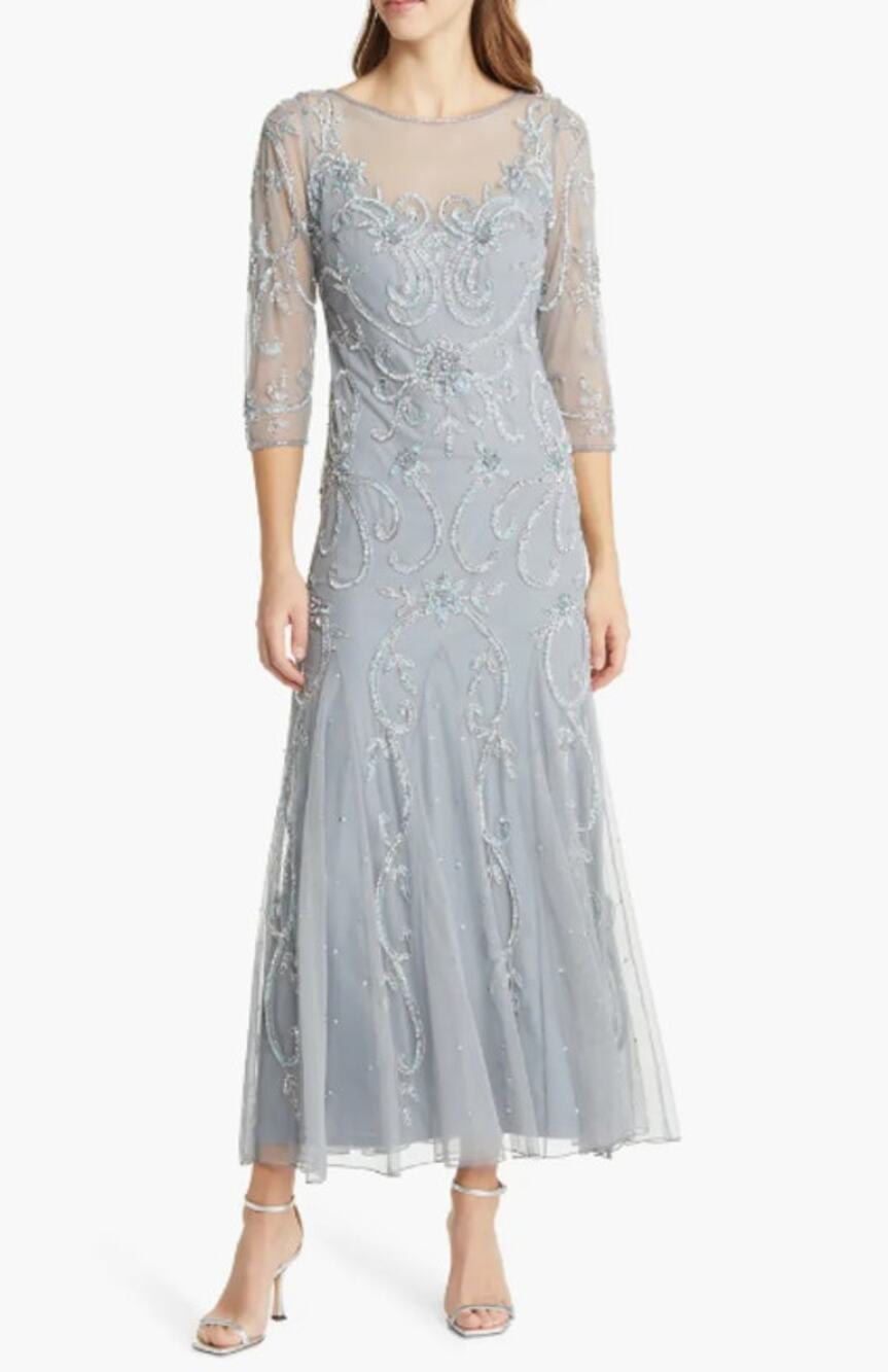 PISARRO NIGHTS Beaded Illusion Neck Gown Size 14 Sky Blue Gray 3/4 Sleeve NWT